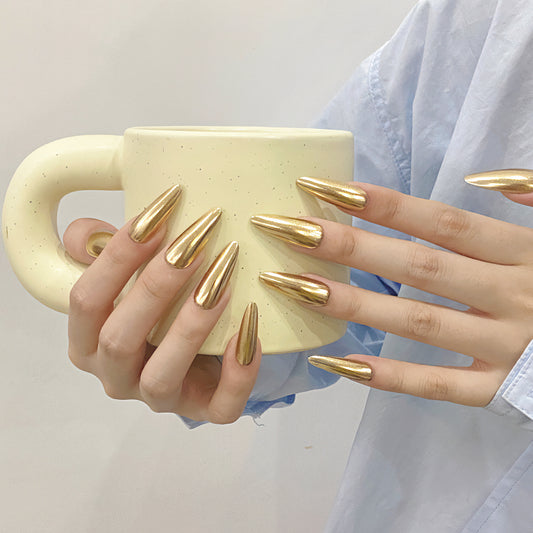 Purely hand-made wearable nails, champagne mirrored nail art, versatile and detachable