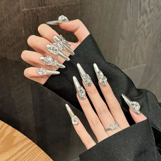 Long pointed magic mirror silver sweet cool retro full diamond metal feel exquisite white long detachable handmade nail art