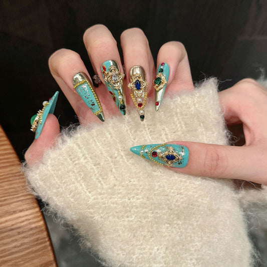 Heavy-duty luxury full diamond wedding nails pure handmade wearable nails boutique wedding nails wearable nail art detachable