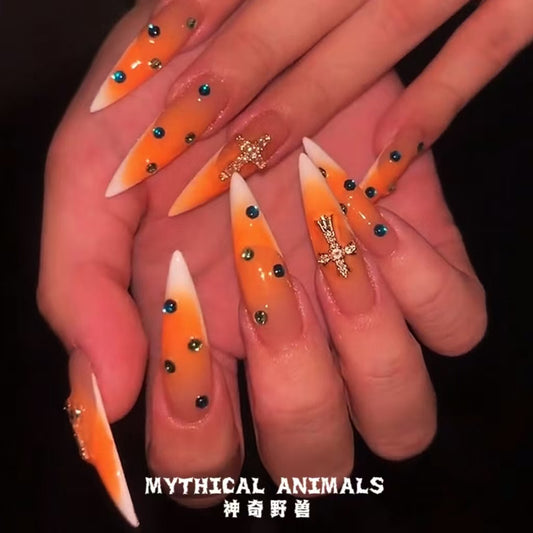 Juicy orange! Orange gradient medium-length nails with diamond flashes, European and American pure handmade hot girls, light luxury and high-end