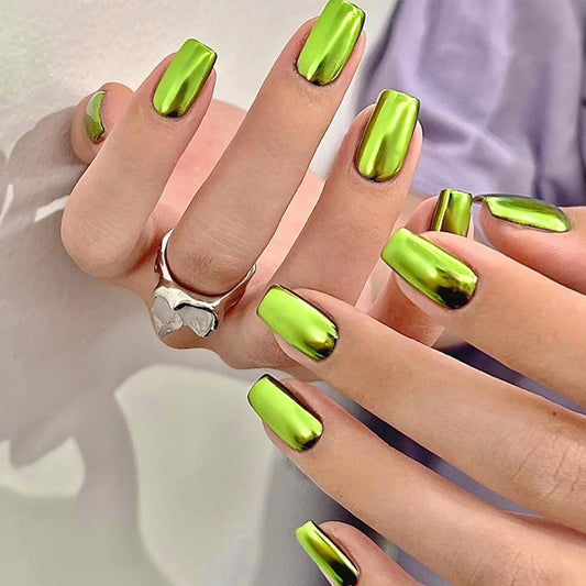 Short glossy laser skin color false nails square solid color electroplated green mirror false nails